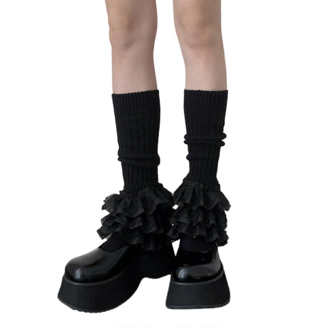Elegant Ribbed Knit Stretch Leg Warmers Boot Cuffs Sweet Tiered Ruffled Lace Trim Leg Covers Long Calf Socks for Women White