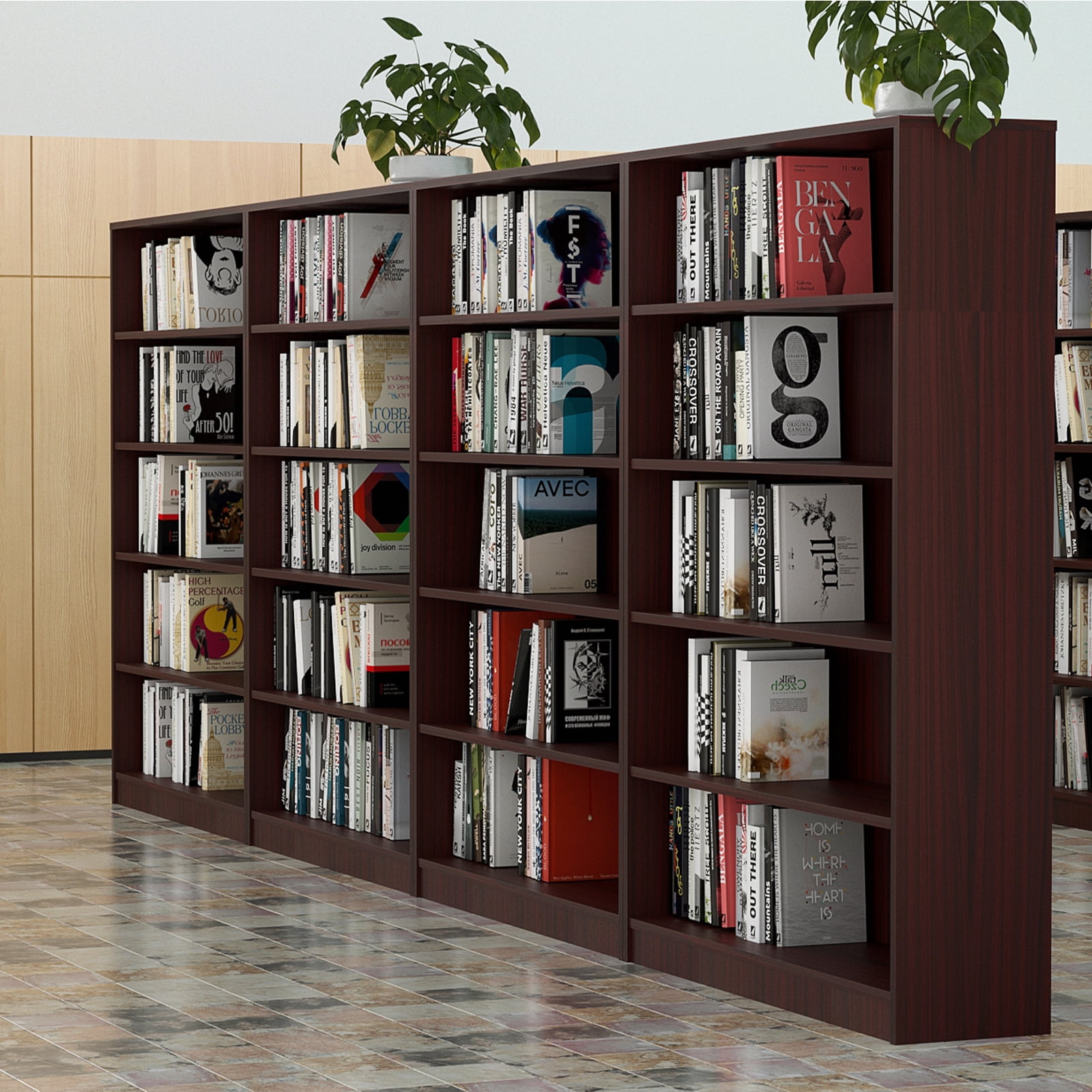 Farini 5 Tiers Bookcase, Wooden Bookcase with Adjustable Shelves for Home, Office, Cherry