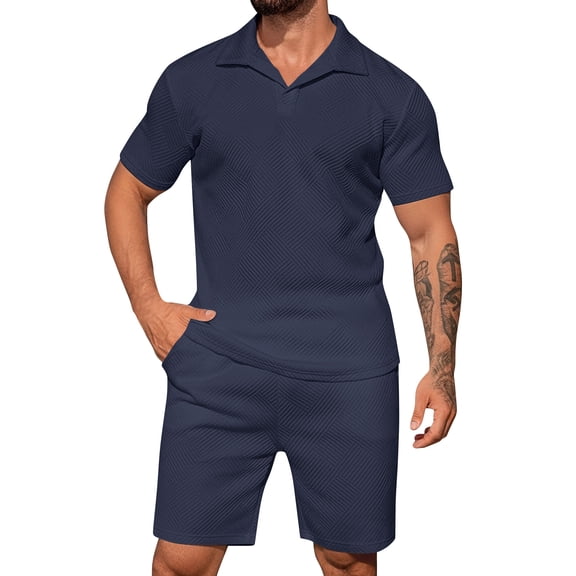 Kixjoy Mens Short Sets 2 Piece Outfits Casual Short Sleeve Collared Shirt and Beach Shorts Set Big and Tall Soft Vacation Men's Clothing, Navy M