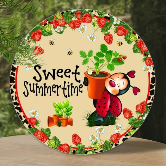 1pc 2d flat Sweet Summertime Ladybug WreathSign, Round Metal Aluminum Sign, Door Hanger Metal Sign Wall Decor, 8x8 inch Wall Art Circular Sign, Garden Metal Sign for Home Party Decor