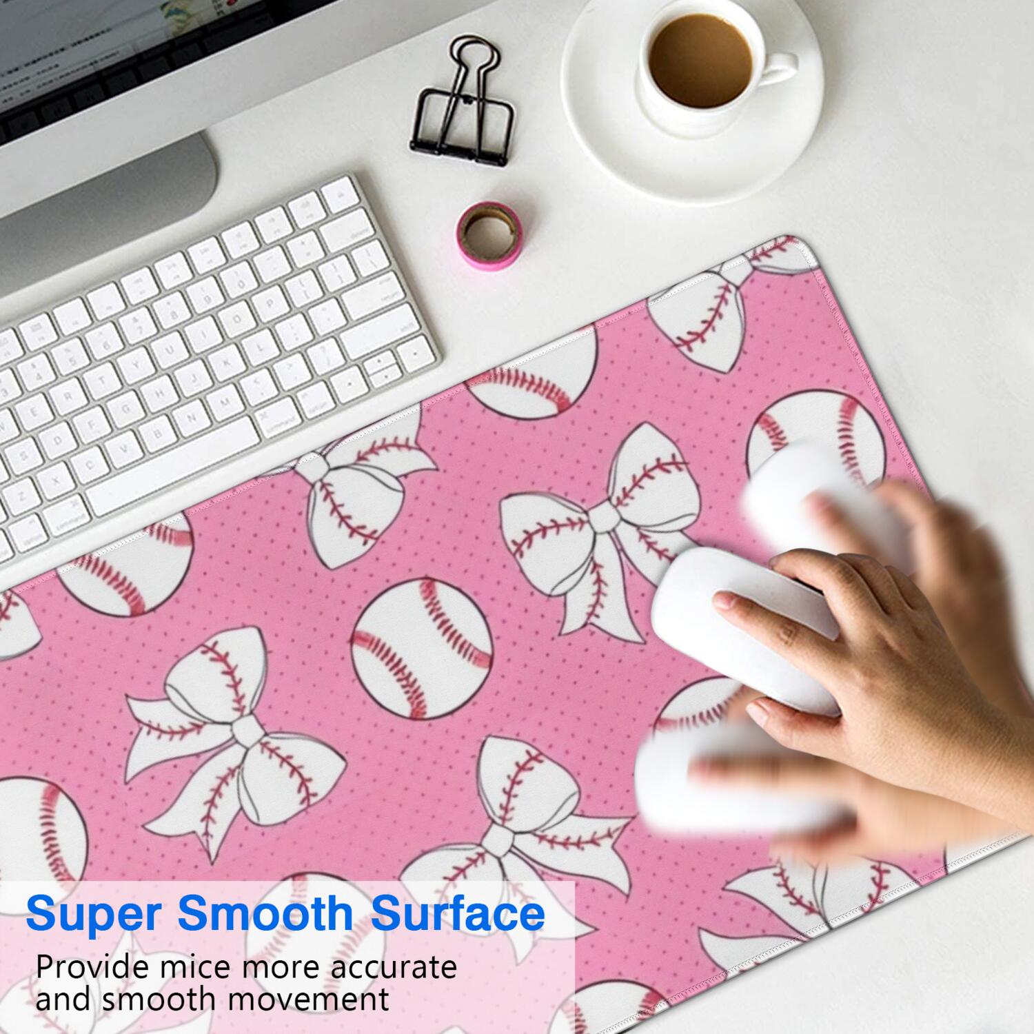 Long Mouse Pads for Desk,Pink Bows and Baseballs Pattern Desk Mats on Top Of Desks, Desk Mouse Pad Extra Large with 3mm Non-Slip Base and Stitched Edge for Gaming,Office,Work,Home 31.5"x11.8"