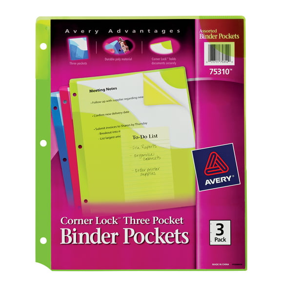 Avery Corner Lock 3 Pocket Binder Pockets for 3 Ring Binders, Assorted Colors (Blue, Green and Pink), Pack of 3 Binder Pockets (75310)