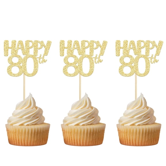 Brand 12Pcs Glitter Gold Happy 80th Cupcake Toppers, 80th Birthday Cupcake Picks for 80th Birthday Party Decorations