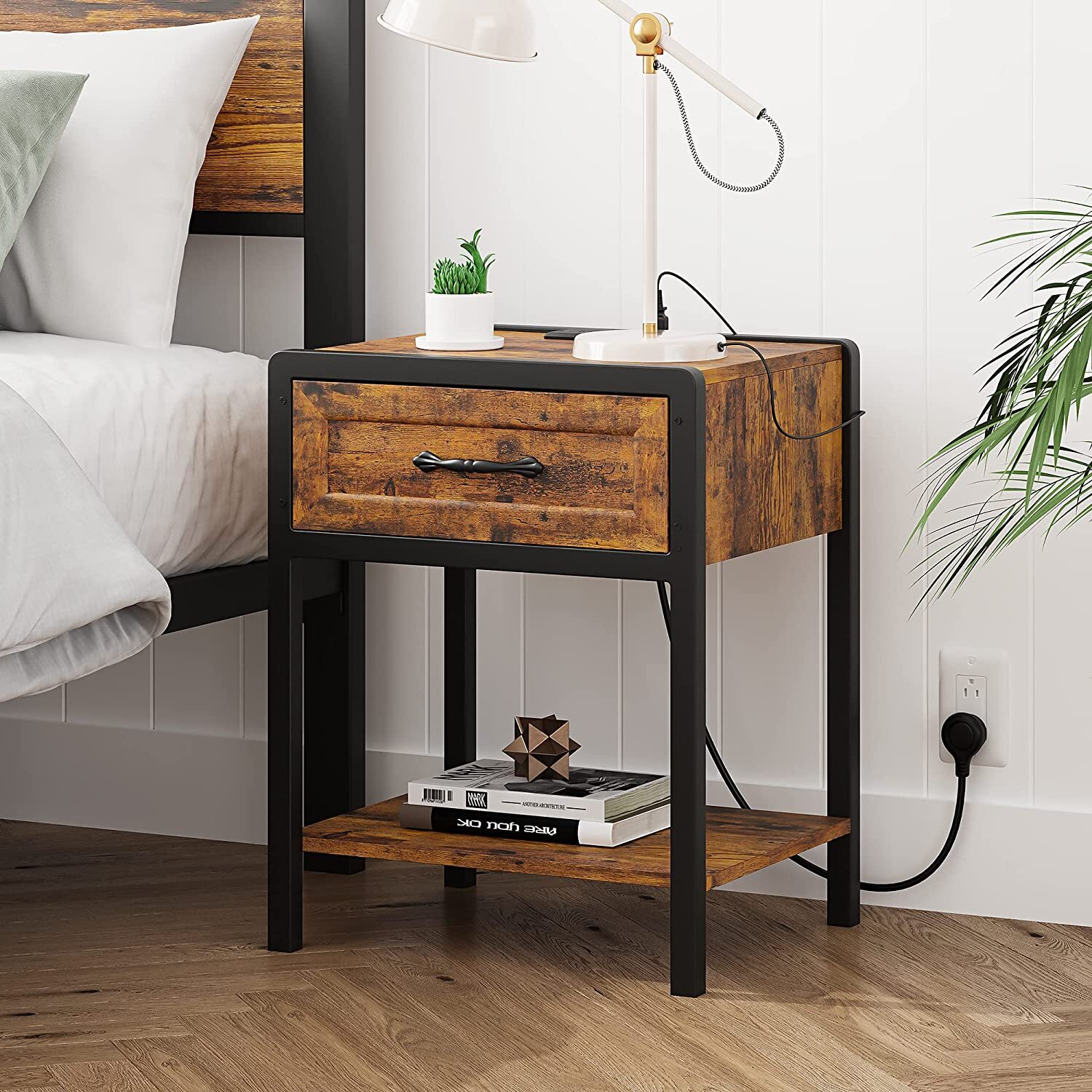 HOSSLLY Rounded Corners Nightstand with Charging Station and USB Ports