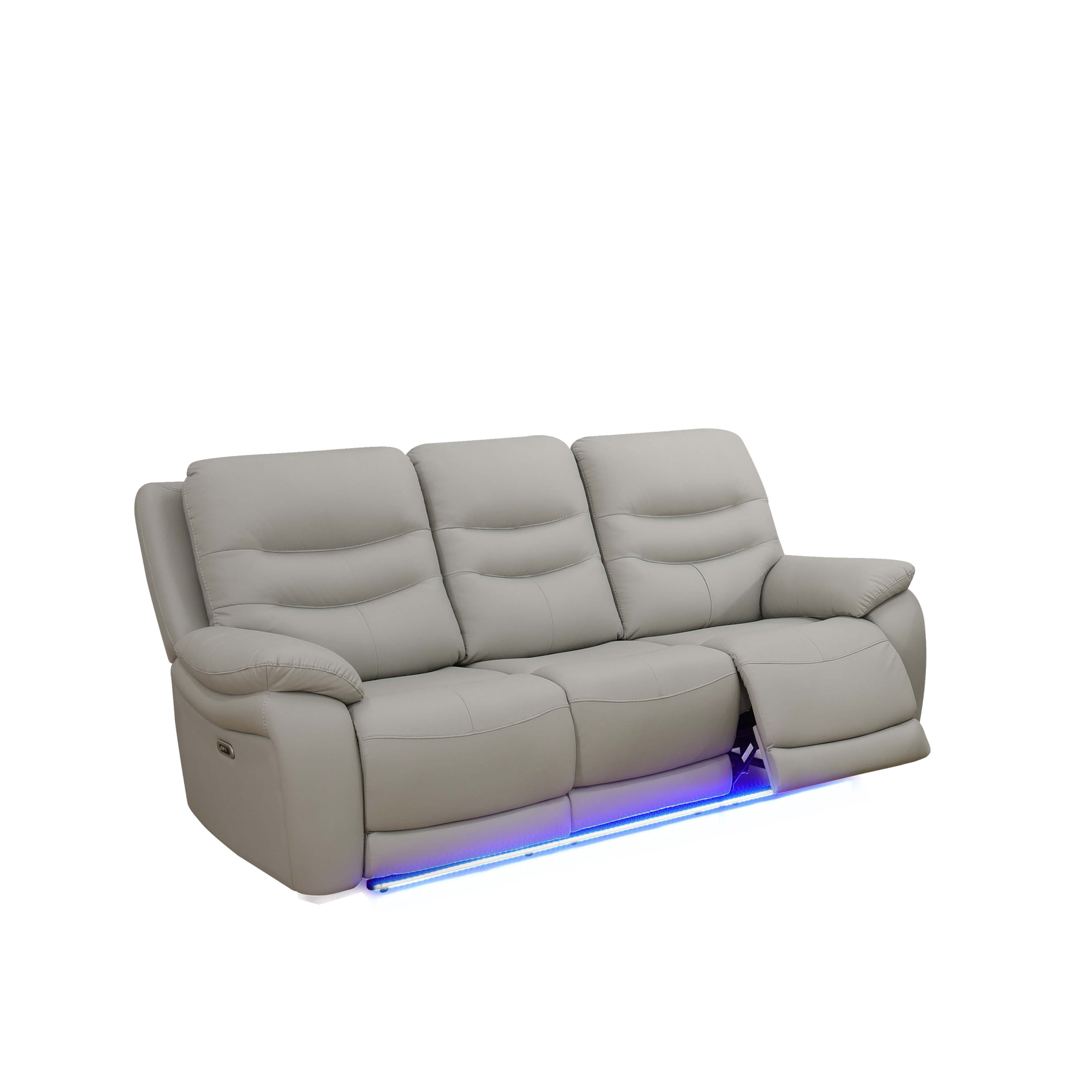MAYEERTY Power Reclining Sofa, Electric 3-Seat Breathable Leather Recliner with USB Charging, LED Lighting for Living Room, Light Grey