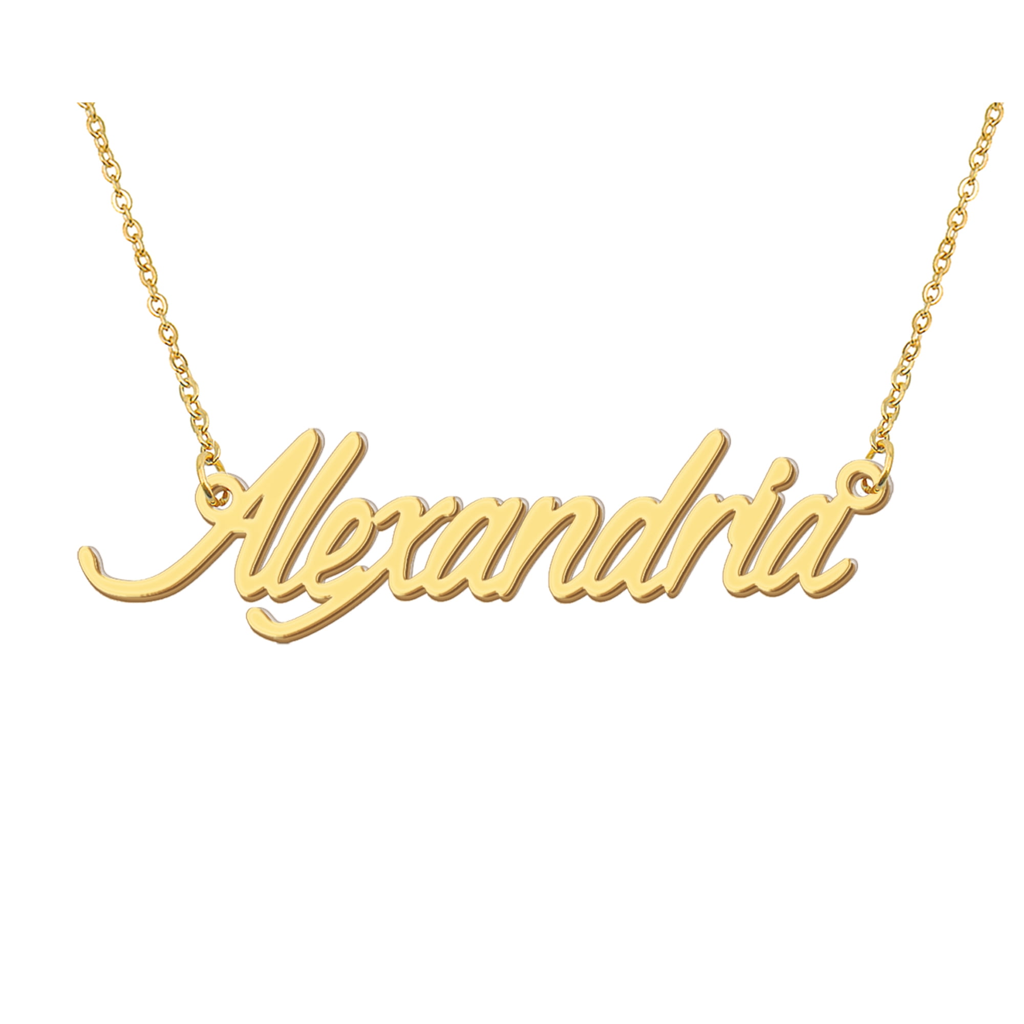 HUAN XUN 18k Gold Plated Alexandria Name Necklace Stainless Steel Nameplate Necklaces for Womens Mens Mother Day Christmas Jewelry Gift