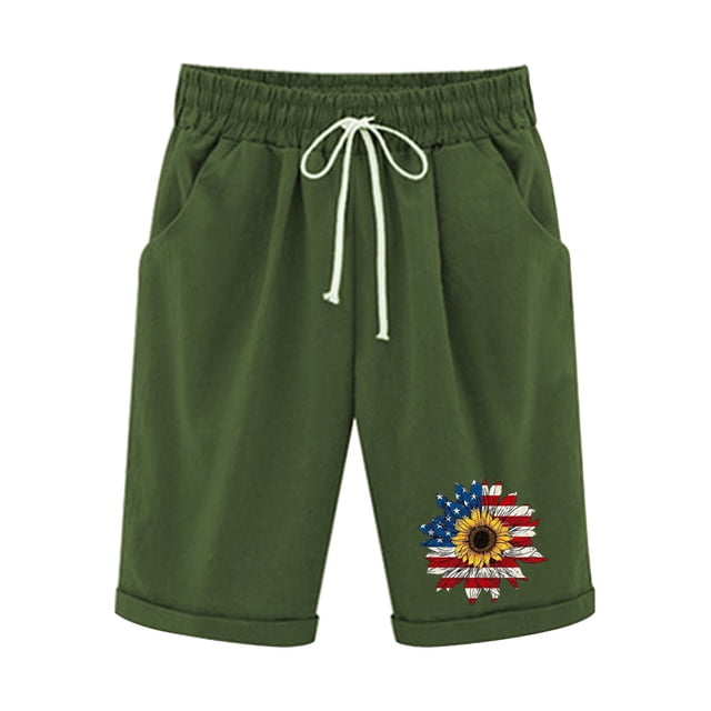 Pantalones Cortos Casuales para Mujer Día de la Independencia Impreso Elástico de la Cintura, Pantalones Cortos de Verano para Mujeres
