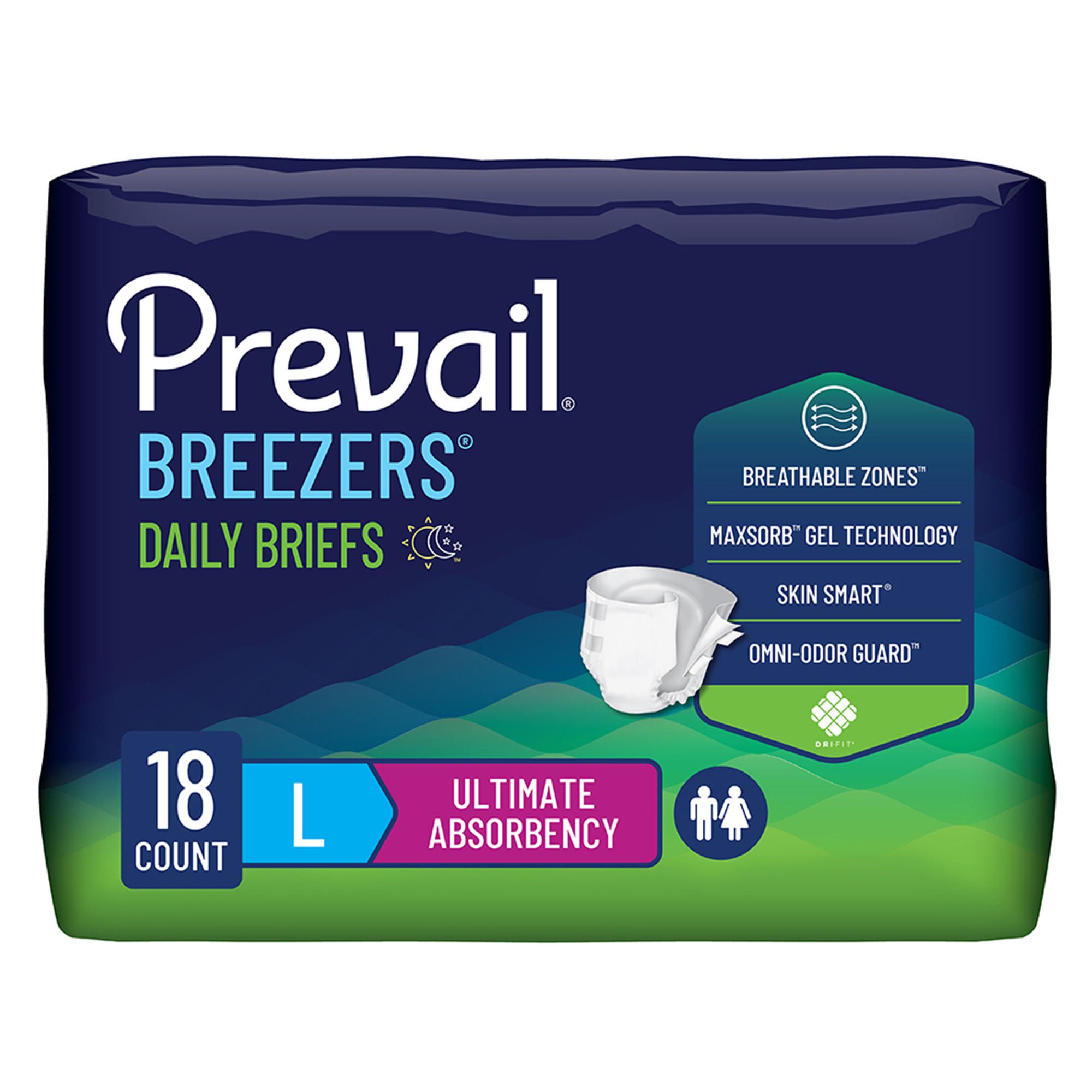 Prevail Breezers Briefs, Incontinence, Disposable, Ultimate Absorbency, Large, 18 Count, 1 Pack
