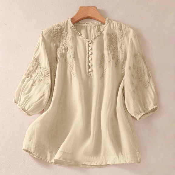 Qulqfy Women's Shirts Cotton Linen Beige Puff Sleeve Blouse Spring Embroidered Dressy Casual Summer Tops for Women L
