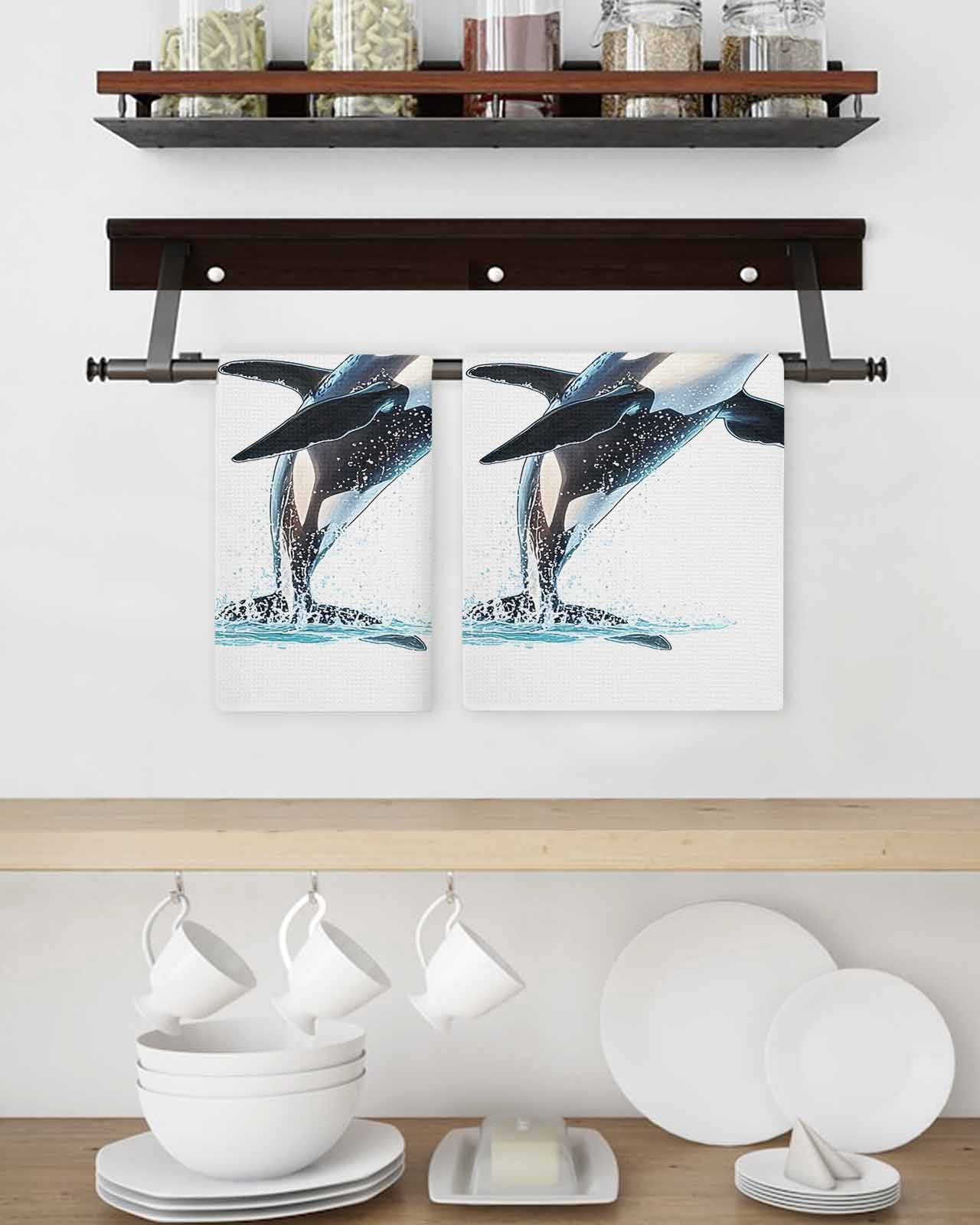 Cute Killer Whale Hand Towels Set, Waffle Weave Kitchen Towels 2 Pieces, Orca Animal Ocean Retro Artwork Microfiber Hair Face Bath Tea Towel Absorbent Quick Drying Cleaning Dish Cloths, 15.7"x23.6"