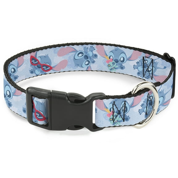 Disney Pet Collar, Dog Collar Plastic Buckle, Chibi Stitch Poses Close Up Baby Blue, 7 to 8.5 Inches 0.5 Inch Wide