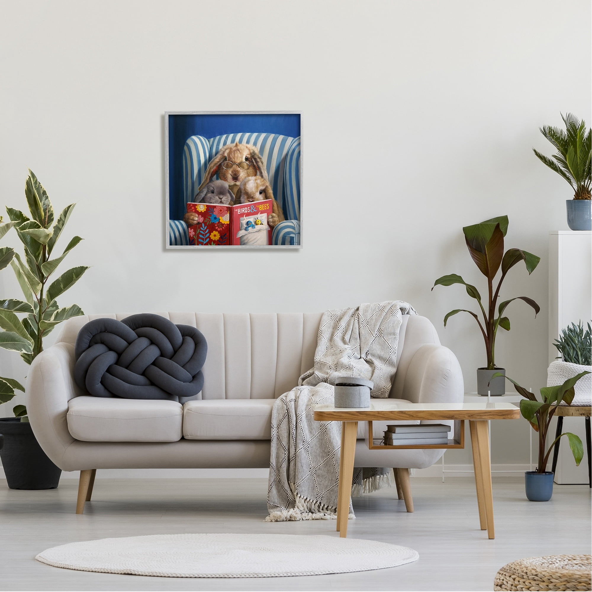 Stupell Industries Rabbit Family Reading Book Birds & Bees Armchair Framed Wall Art, 24 x 24, Design by Lucia Heffernan