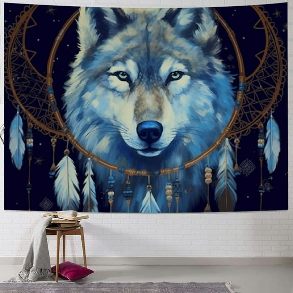 BCIIG Blacklight Tapestry Glow In The Dark, Black Light Bohemian Hippie Poster Wall Hanging Boho Totem Native American Wolf Dream Catcher for Bedroom Aesthetic Wall and Room Decor, 40x30inch