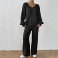 thumbnail image 2 of ShomPort Womens 2 Pieces Outfits Long Sleeve V-Neck Pullover Sweaters Wide Leg Trousers Textured Comfort Loungewear Set, 2 of 8
