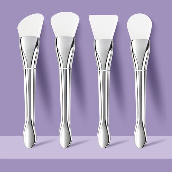 4pcs Soft Silicone Face Mask Brush, Multi-Purpose Beauty Makeup Brush with Silver Handle, Ultra-Thin Flat Head Foundation Brush for Mud Mask Application