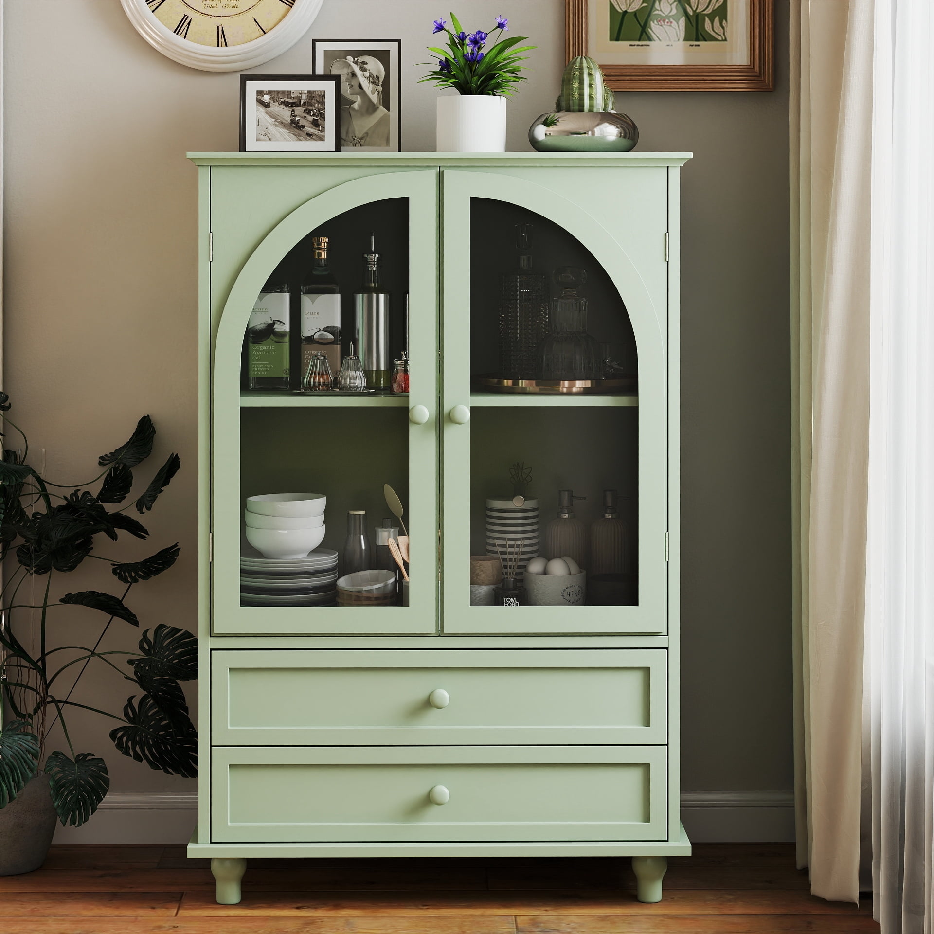 Farmhouse Storage Cabinet, Arched Tempered Glass Door Buffet Sideboard with Tiered Top, 2‑Drawer Pantry Cabinet for Kitchen Dining Living Room Entryway Coffee Bar