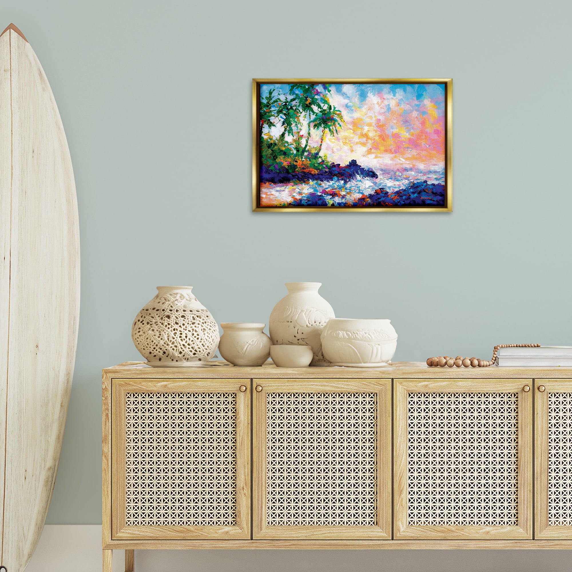 Stupell Industries Waves on Tropical Beach Landscape Painting Gold Floater Framed Canvas Art Print Wall Art, 25 x 17