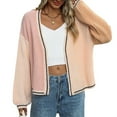 thumbnail image 2 of Women'S Color Block Open Front Cardigan Contrast Striped Chunky Cardigan Sweater Outerwear Coat Pink M, 2 of 9