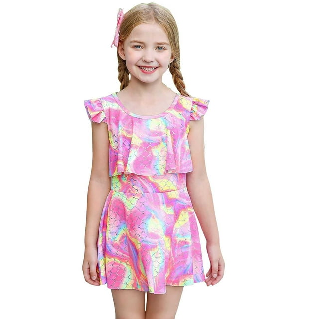 TIEVOSA Summer Child Girls Fly Sleeve Prints Swimwear Beach Swimsuit Bikini Shorts Set 3-12 Years Old