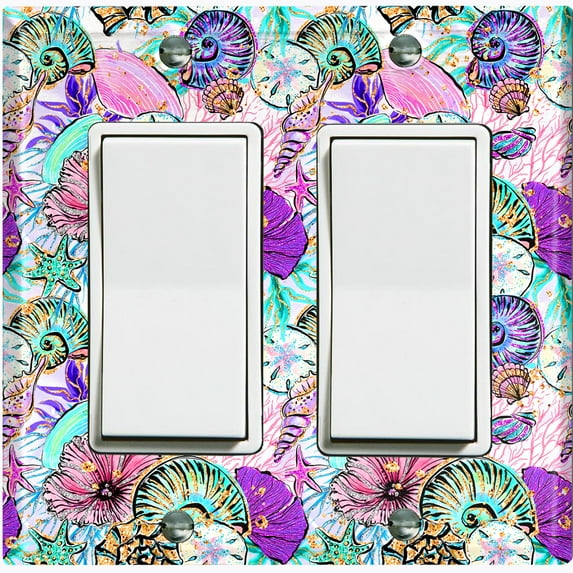 Metal Light Switch Wall Plate Outlet Cover (Sea Snail Starfish Pastel Glitter Reef Bubbles - Double Rocker)