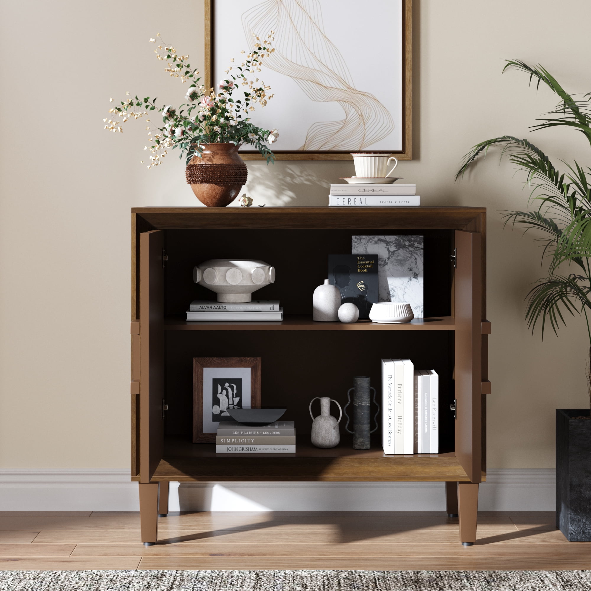 31.5" Modular Credenza Sideboard Buffet, Small Space Cabinet with Symmetrical Sunburst Doors, Accent Cabinet with Adjustable Shelves for Dining Room, Entryway & Hallway
