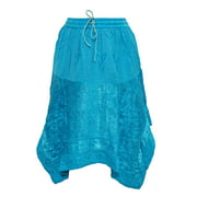 Mogul Women's Blue Skirt Embroidered Rayon Asymmetric Flare Skirts