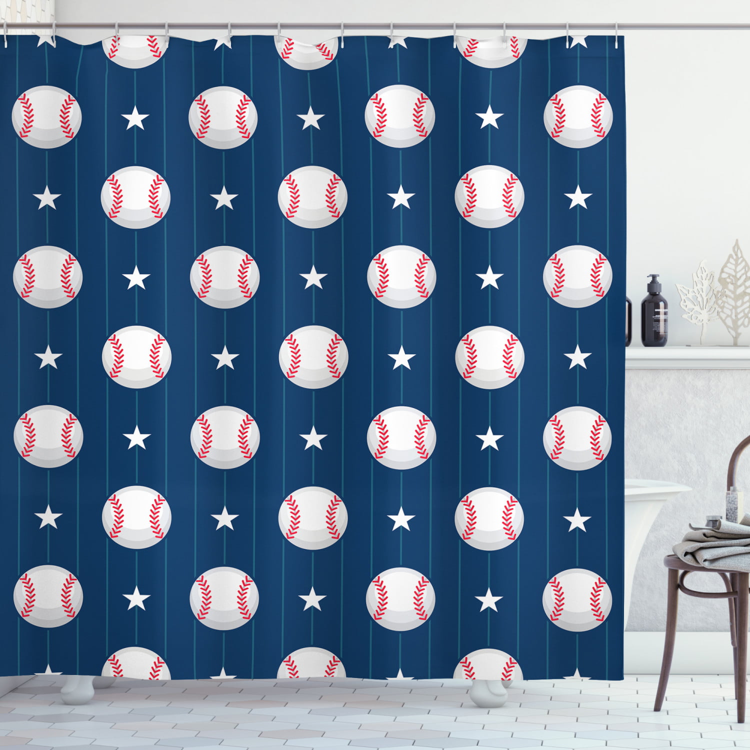 Baseball Gloves Bathroom Waterproof Polyester Shower Curtain 12 Hooks & Bath Mat 