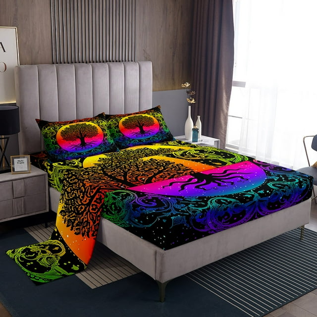 Tree of Life Bed Sheets Set Gradient Rainbow Sheet Set King,Galaxy Sheets Boho Flowers Exotic Bedding Set Bohemian Decor