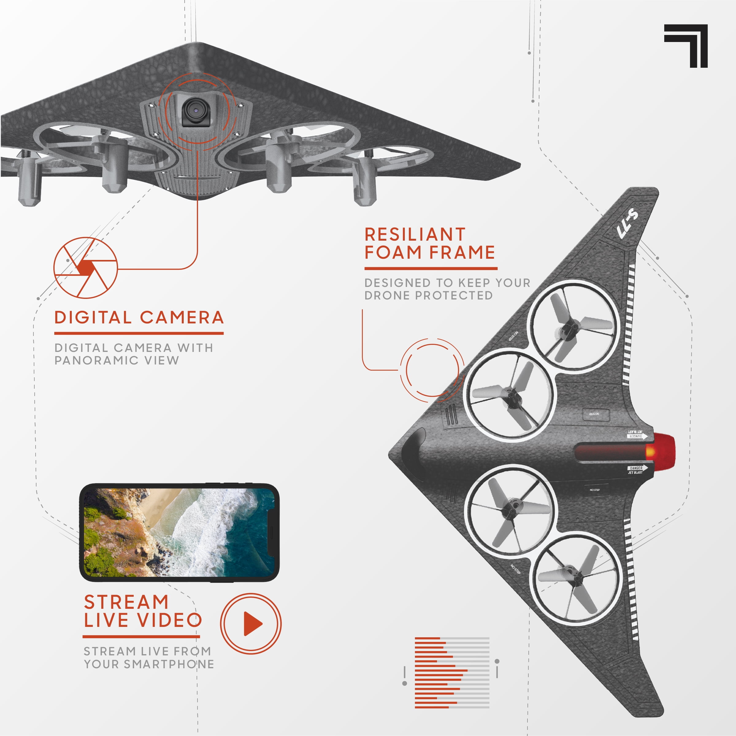 Drone avec vidéo de reconnaissance furtive Sharper Image®, dotée d’une caméra de diffusion en direct