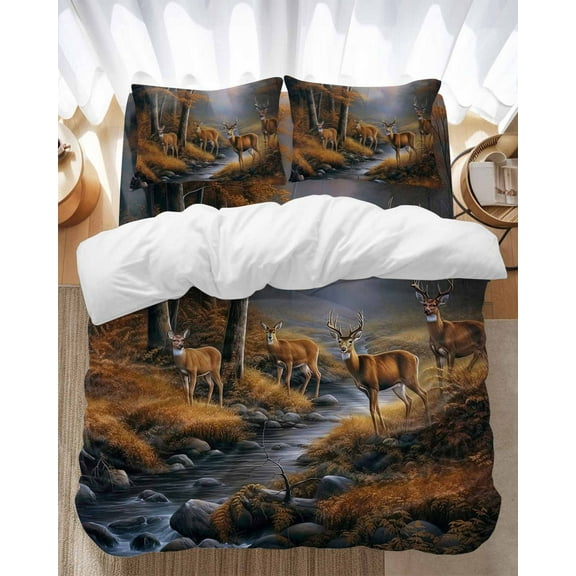 Deer in Bedding Duvet Cover Set Queen Size 4 Pieces the Forest Brown Trees with Creek Bedding Set with Zipper Closure, 1 Comforter Cover 90x92 Inches 1 Flat Sheet & 2 Pillow Cases