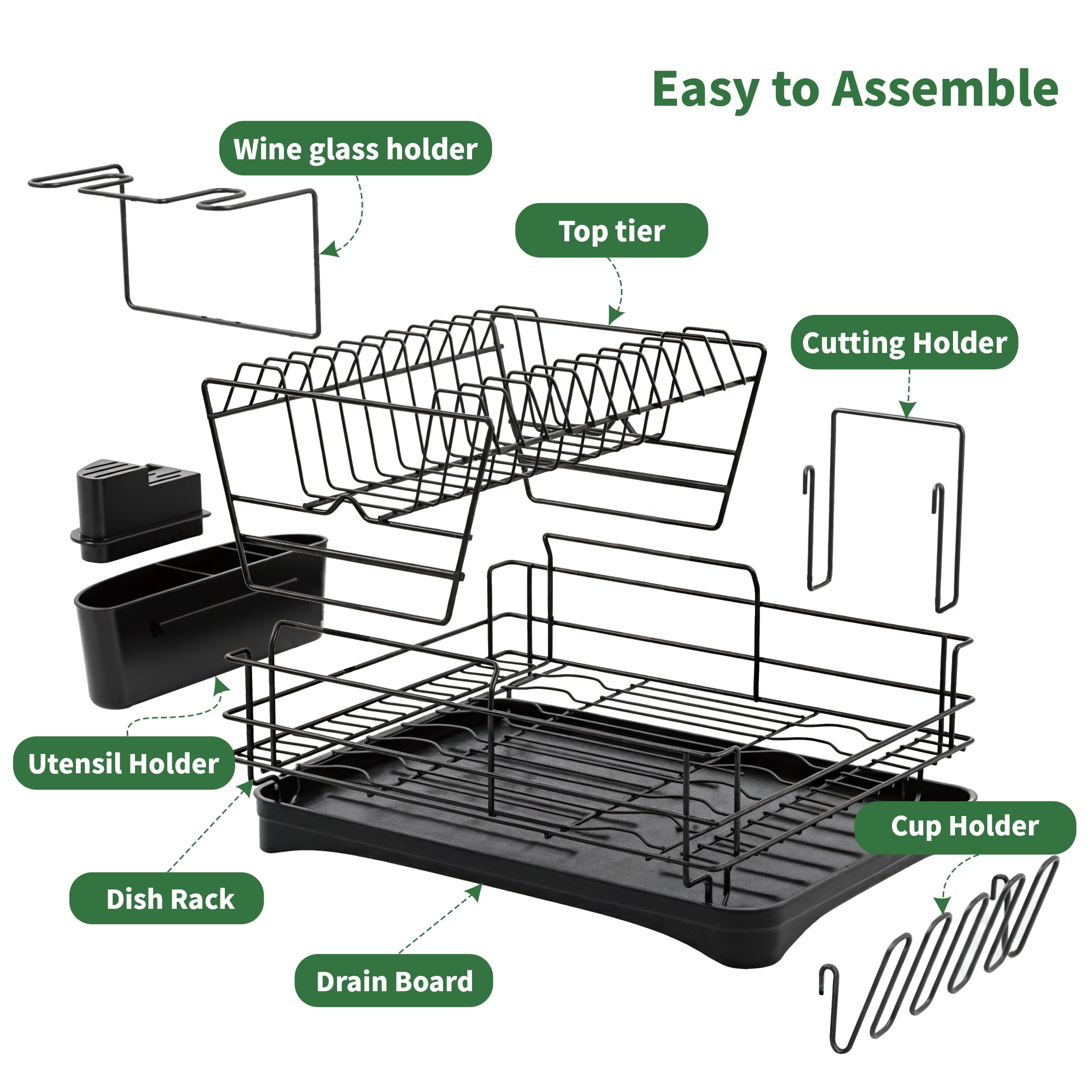 Luckytree 2-Tier Dish Drying Rack, Space-Saving Dish Drainer for Dishes, Knives, Cups, Cutting Boards, 12.2"W x 16.54"L, Black