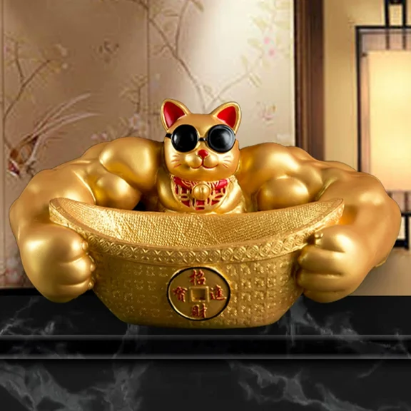 Lucky Cat Statue Muscle Arm Cat Figurines Feng Shui Animal Statue Animal Figurines Resin Sculpture Feng Shui Wealth Ornaments for Home Shop Decoration - Gold