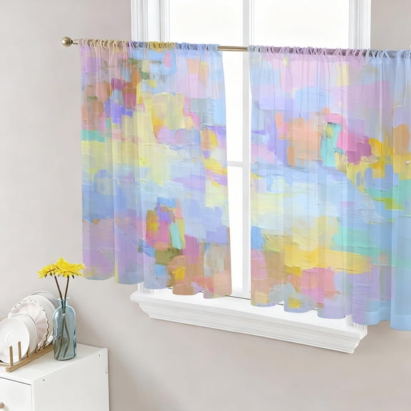 Blue Purple Oil Painting Semi Sheer Curtains 45 Inch Length 2 Panels Set, Fantasy Gradient Vintage Sheer Kitchen Curtain Privacy Voile Window Curtain for Living Room Bedroom Rod Pocket Drapes