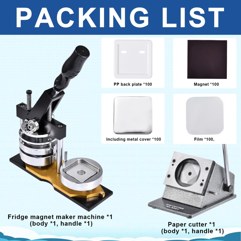 Portable Fridge Magnet Press Machine, 2x2 Inch Badge Maker with 100 Supplies for Stickers and Iron-Friendly Surfaces