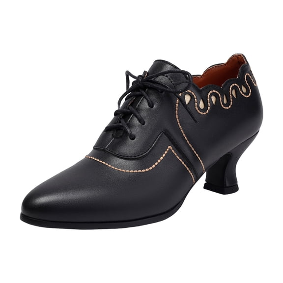 Women's Vintage Leather Wingtip Comfortable Lace Up Shoes For Walking And Work 2 Inch French Heel And Pointed Toe