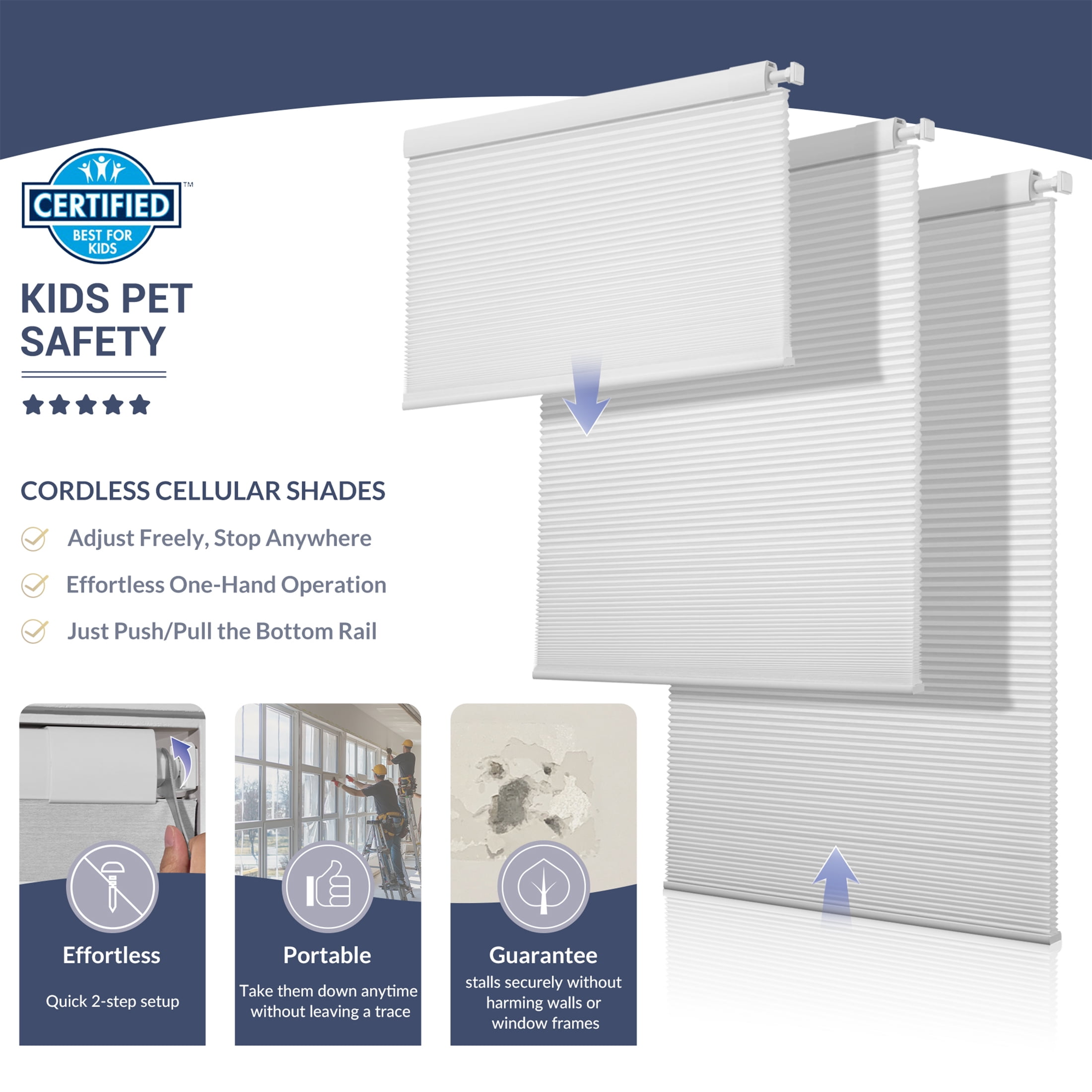 ZimJAHO No Drill No Tools Cellular ShadesBlackout Color-Matched Honeycomb Blinds Easy to Install Cordless Cellular Blinds for Windows, Light Filtering-White, 61"W x 48"H