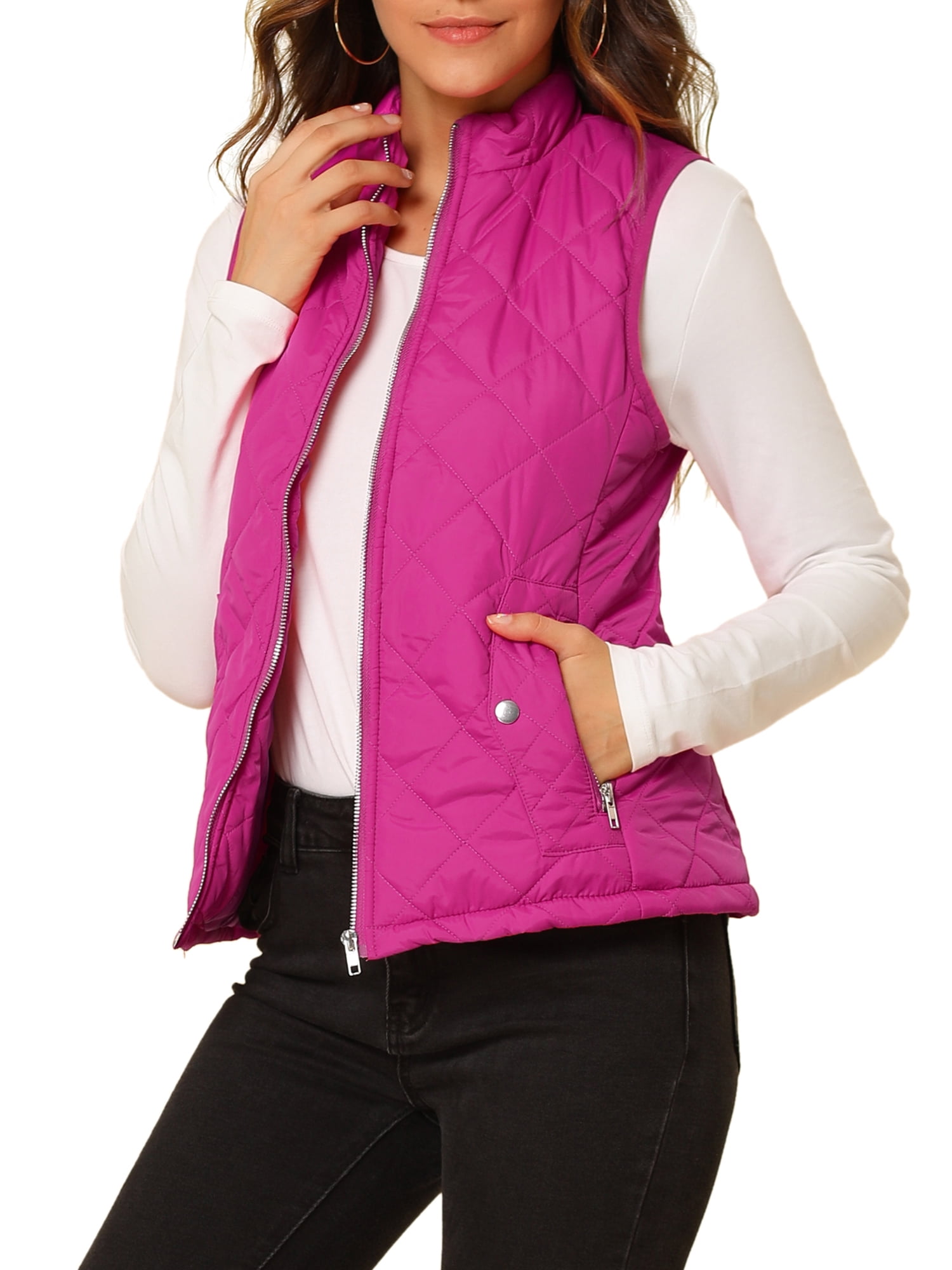 DARING DIVA Women's Zip Stand Collar Quilted Padded Vest XL Fuchsia
