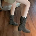 thumbnail image 5 of Slouchy Cowboy Boots for Women Suede Stacked Heel Split Toe Pull on Mid Calf Booties Casual Western Cowgirl Fall Boots, 5 of 9