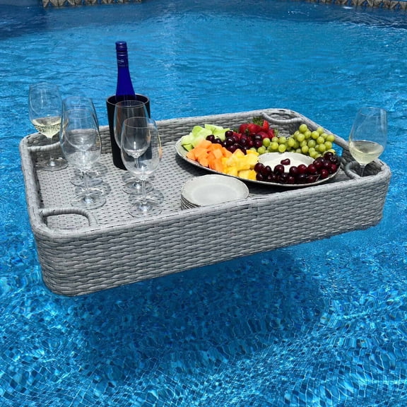 Floating Pool Tray Floating Serving Tray Table & Bar - Pool Floats for Adults, Spas, & Pool Parties - Floating Tray for Pool Serving Drinks, Sunjoy Floating Brunch 36x24'', Food on The Water - Grey