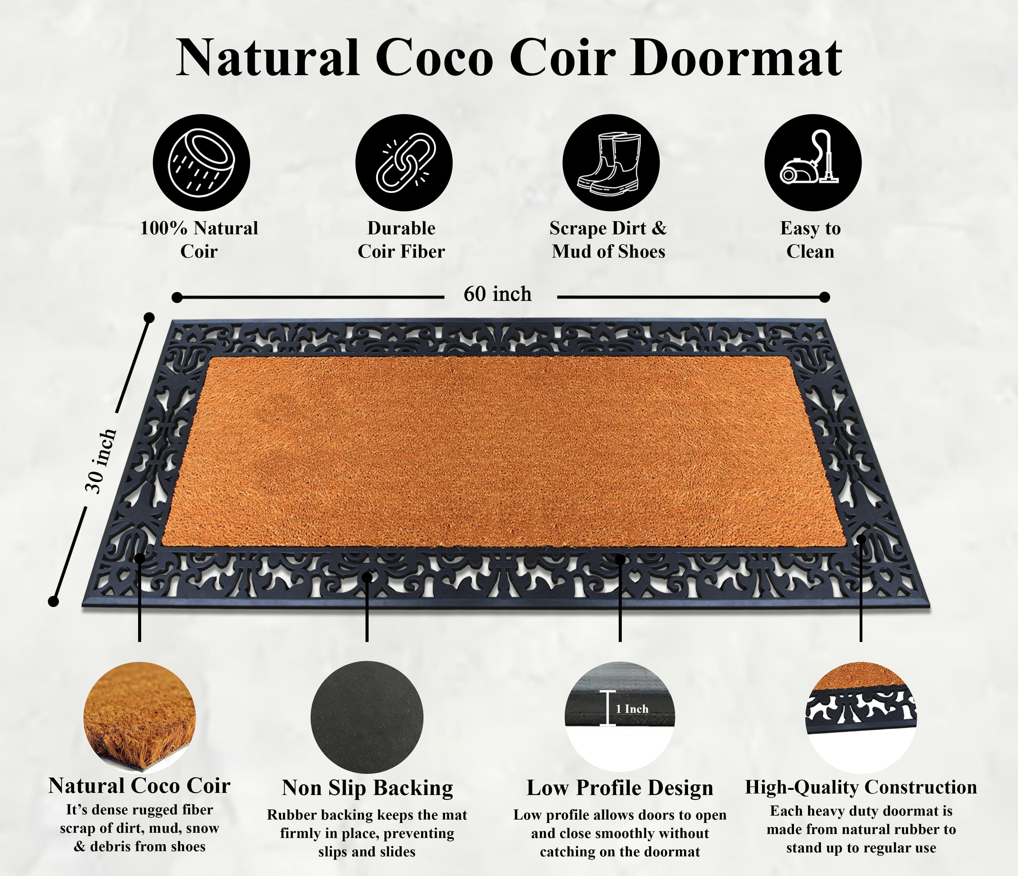 A1HC Natural Coir And Rubber Large Doormat, Outdoor Entrance, Paisley Border, 30x60 Inches, Black