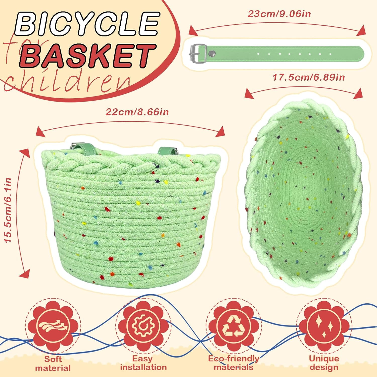 Bike Basket, Front Woven Bicycle Basket with Easy-Install Adjustable Straps