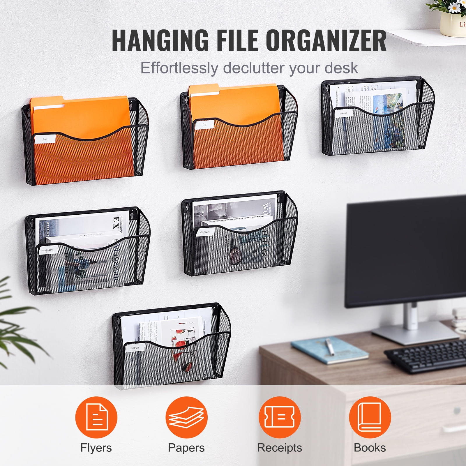 KFFKFF Wall File Rack, 6-Unit Single Pocket Mesh Organizer, Wall-Hanging Magazine, Mail, Document & Paper Storage Folder, Metal Wall-Mounted File Holder with Name Tag Slot
