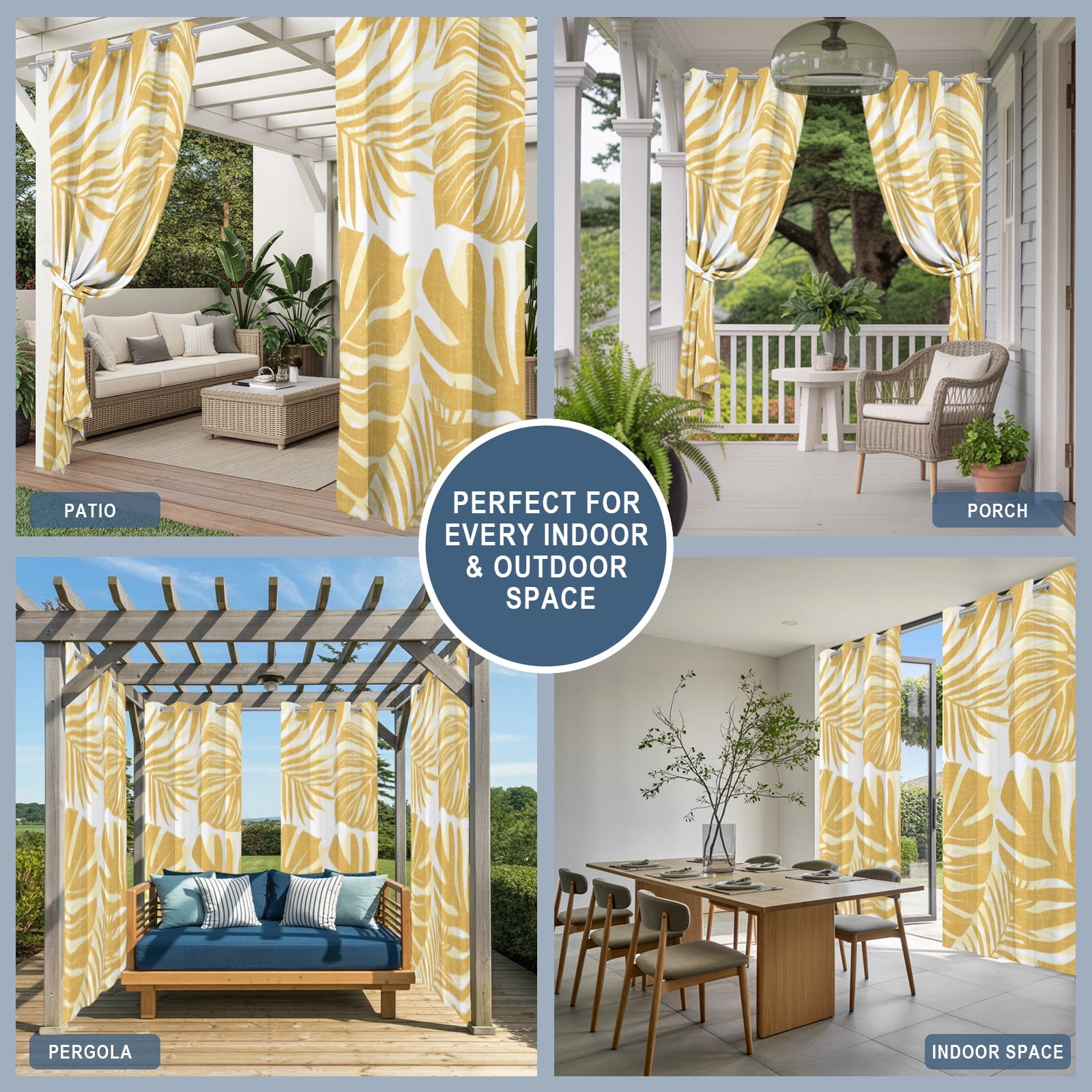 Yellow Palm Leaves Outdoor Curtains for Patio, Tropical Botanical Minimalist Modern Sunshade Privacy Drapes Grommet Waterproof Outside Curtains for Porch/Cabana/Balcony 54"x 108", 1 Panel