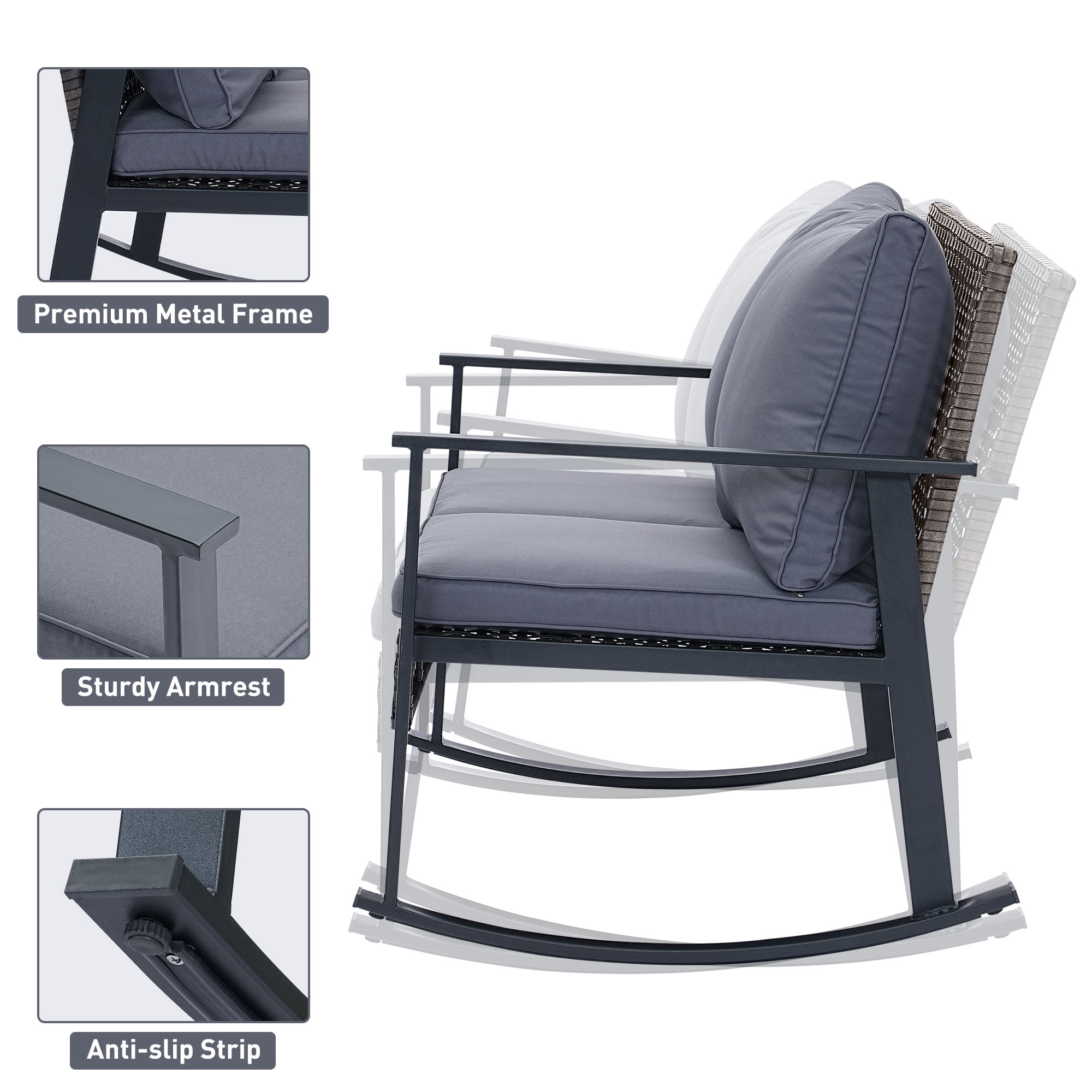 Ainfox Outdoor Patio Furniture Rocking Loveseat, Wicker Rattan Sofa,Grey