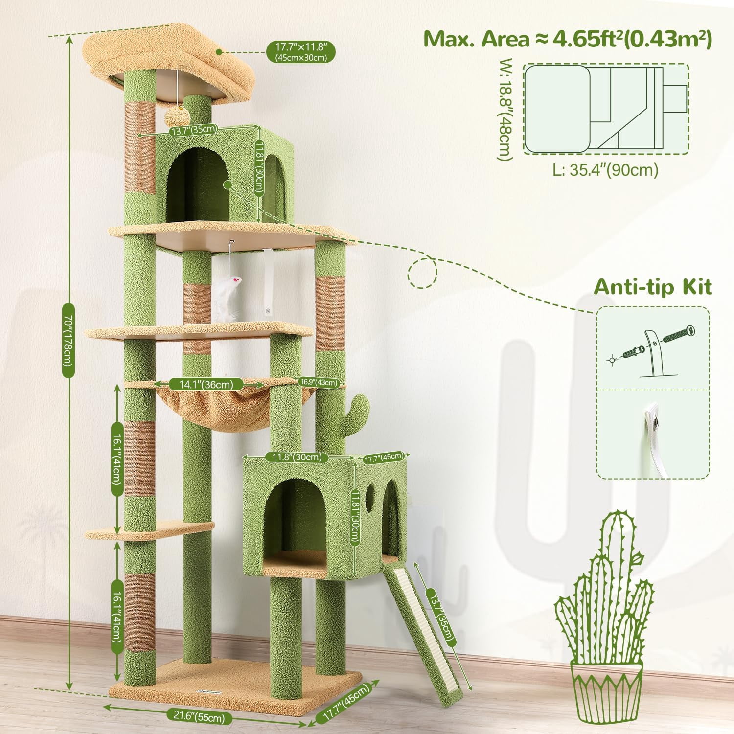 F70 Pro Cat Tree - 70" Tall, Removable Perch, Sisal Scratching Posts, Light Grey Heavy Duty Cat Tower for Large Cats