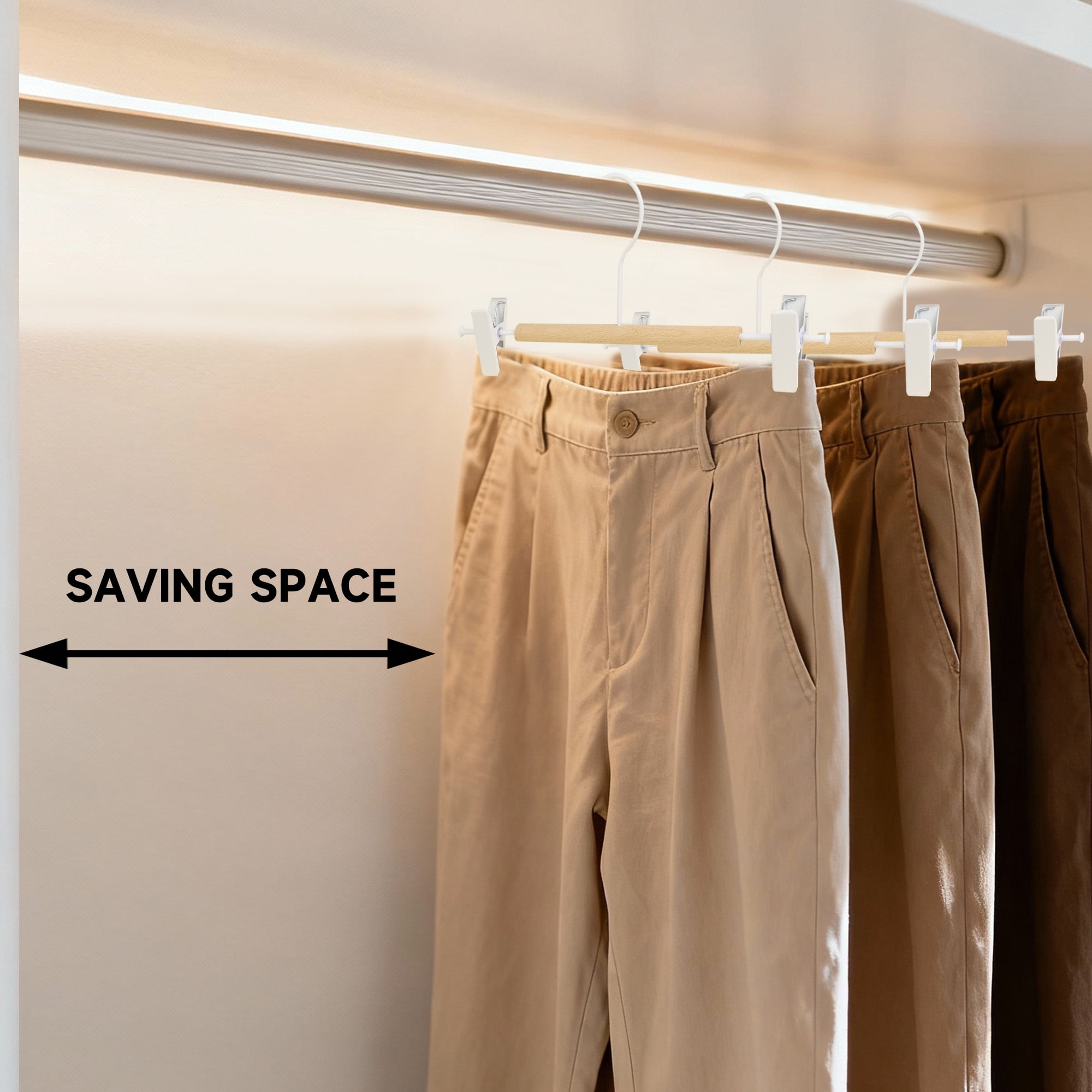 BP4U 12-Pack Metal Pants Hangers with Adjustable Clips, Premium Beech Wood Skirt Bottom Hangers for Trousers, Jeans, Shorts, Socks(White)