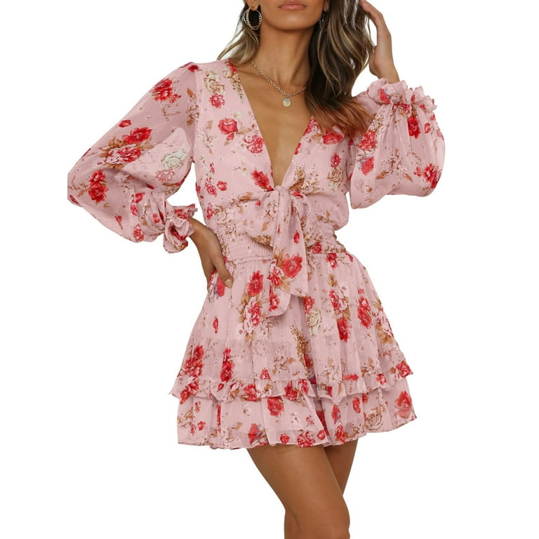 Hirigin Women Casual Chiffon Dress Floral Print V Neck Tie Up Dress Summer Sweet A line Ruffles Dress Sexy Short Dresses Walmart