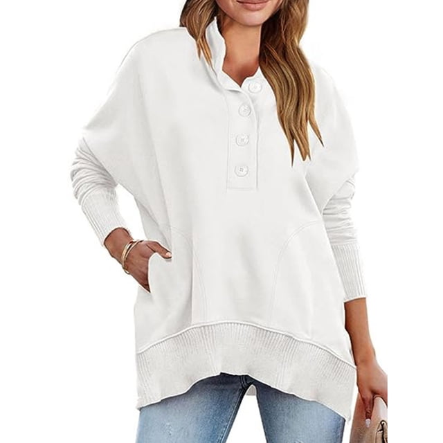 Oucaili Sudadera para mujer con tapeta, manga larga, suelta, color liso, camisa