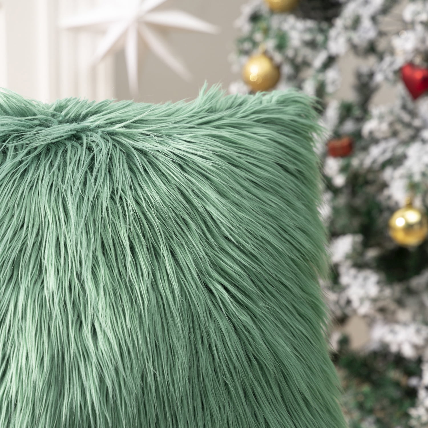 Luxury Mongolian Fluffy Faux Fur Series Square Decorative Throw Pillow Cusion for Couch, 22" x 22", Green, 2 Pack