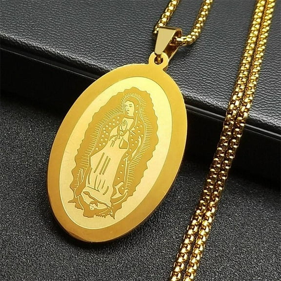 Gold Plated Stainless Steel Guadalupe Virgin Mary Necklace Pendant Box Chain N45